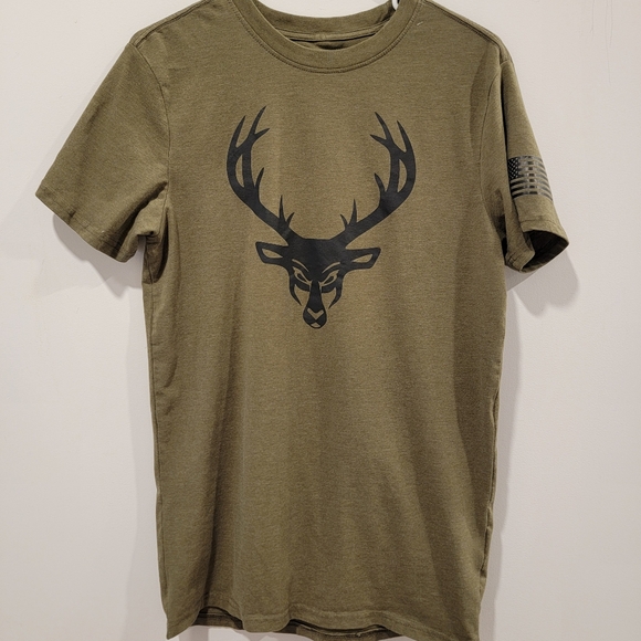 Bucked Up Men's Olive Green Graphic Deer Print T-Shirt Military Edition Small - Picture 2 of 5